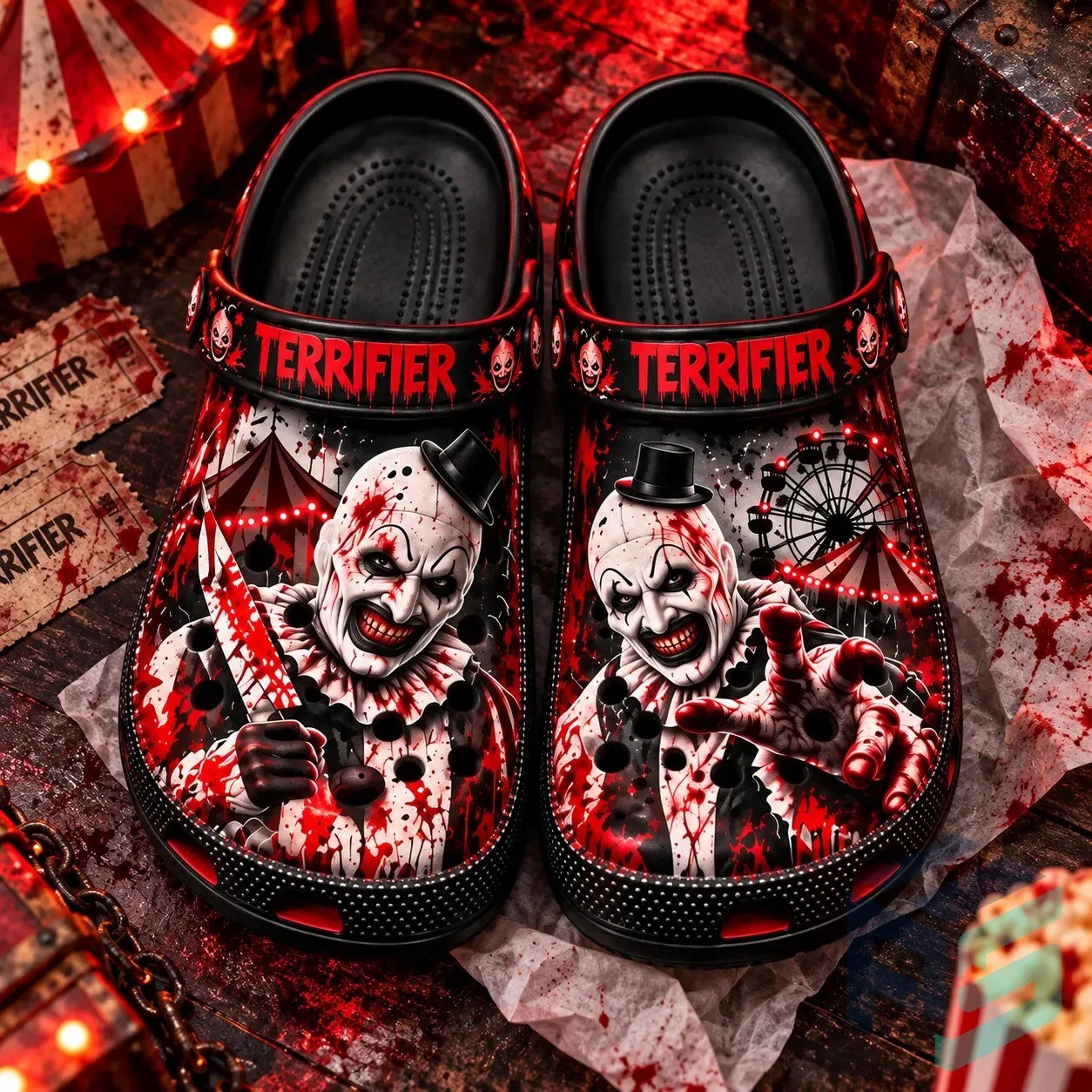 Terrifier Art the Clown Clogs – Bloody Horror Movie Slip-On Shoes