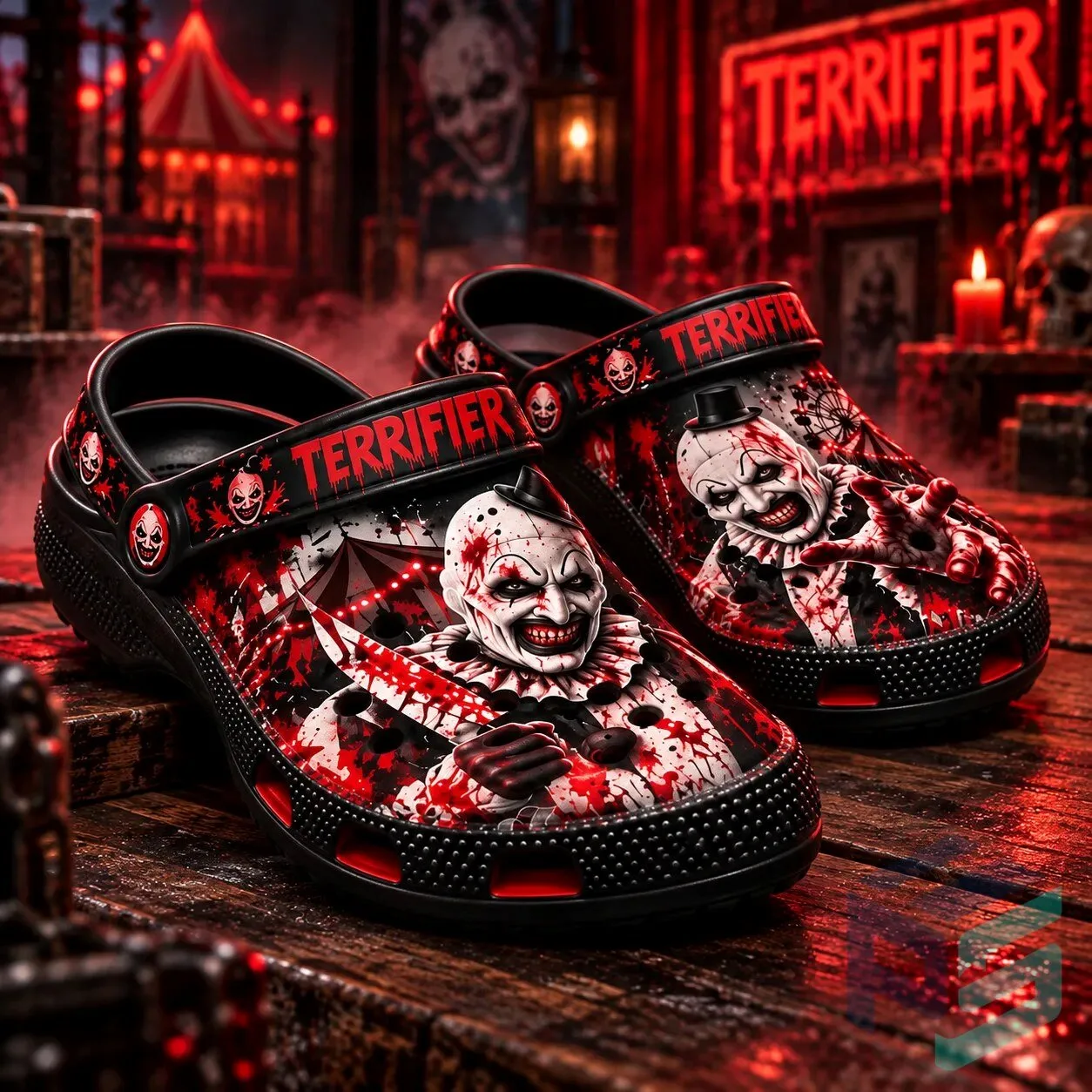 Terrifier Art the Clown Clogs – Bloody Horror Movie Slip-On Shoes 13 Terrifier Art the Clown Clogs – Bloody Horror Movie Slip-On Shoes product view