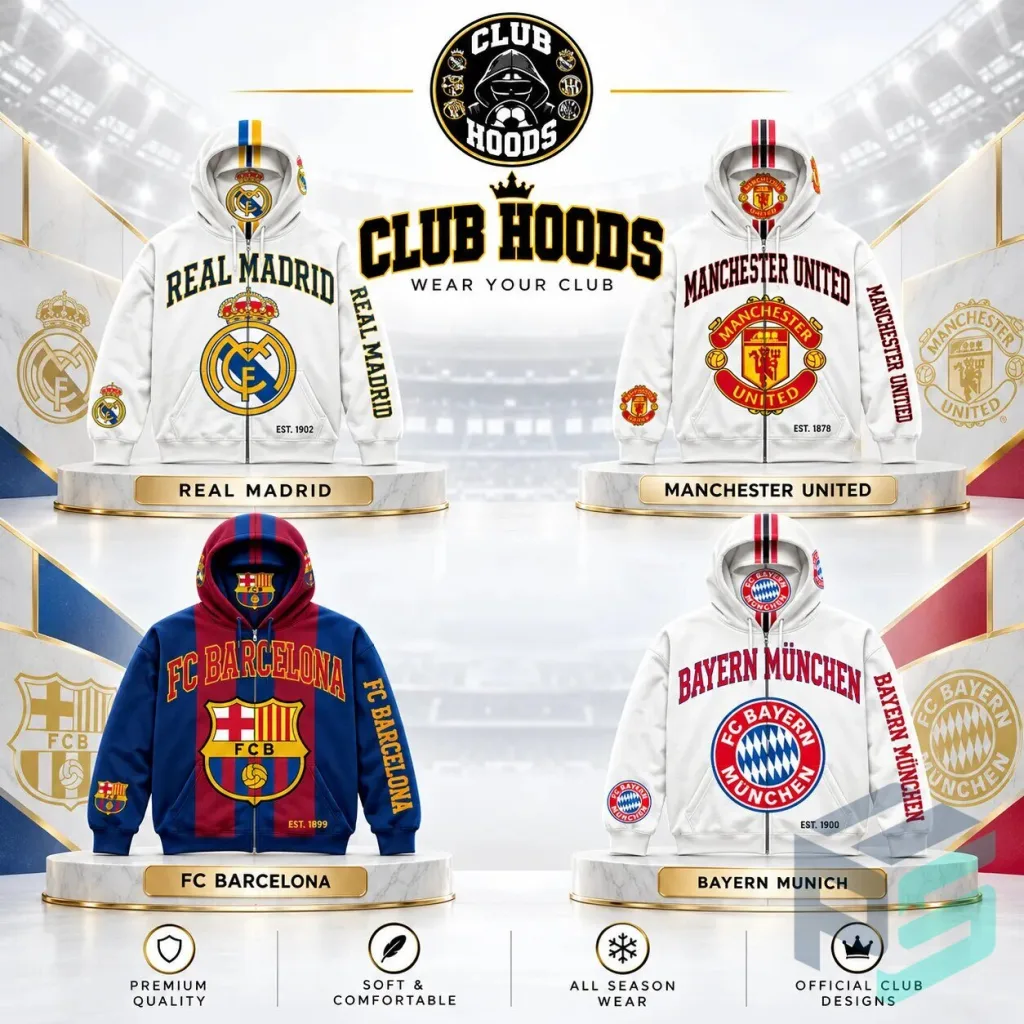 ClubHoods Vintage Zip Hoodies - Real Madrid, Manchester United, Barcelona, Bayern Munich Soccer Club ClubHoods Vintage Zip Hoodies - Real Madrid, Manchester United, Barcelona, Bayern Munich Soccer Club